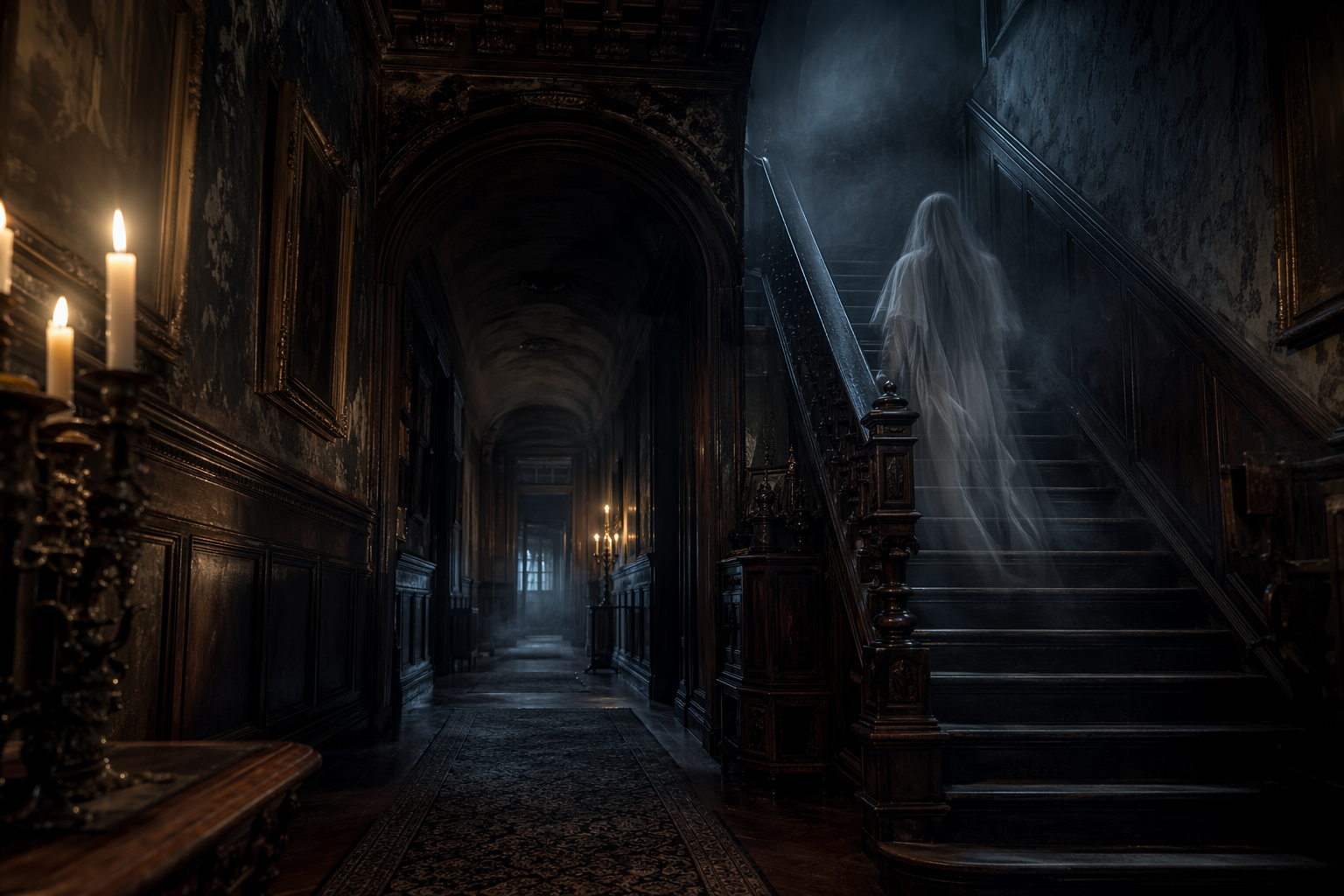 Ghostly Figure Caught on Camera Navigating Hallway and Stairs